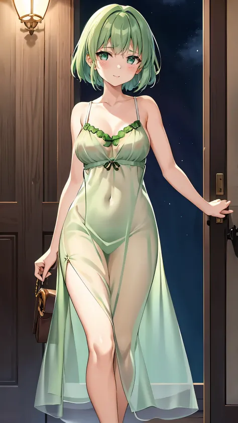 shoulder-length green hair, small size breasts, Small breasts、Green Eyes, 、(((Ladylike))), full body from head to toe 、Maxi dress、 Cardigans 、Feminine clothing、、Night Party、 see-through 、Sideboob