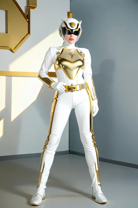 1girl, full body, Illustration, cinematic light, high resolution, best quality, ultra-detailed, masterpiece, power suit, powerranger, suit, spd, (Silver and Gold chest plate), white and gold detail, (((white suit))), ((police theme:1.2))
