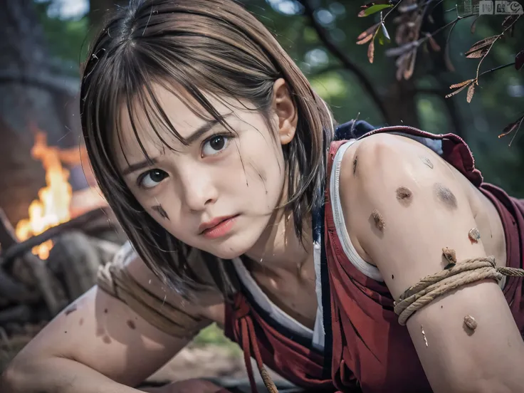 (Low angle shot of one slender small breasts round face brown short hair with bangs girl in a samurai silver armor:1.5)、(One girl is lying with her back behind on the wilderness land at the Sengoku period in Japan with crying dirty sperm splashed face:1.5)...