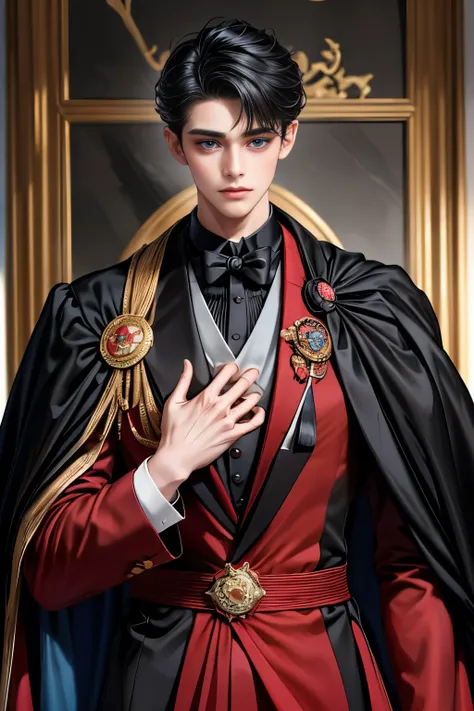masterpiece, 最High image quality, High image quality, 1. Boy, alone, Focus on men, upper body, watching the audience , Untidy black hair , Adorable big blue eyes, white, Noble, Noble,Sexy voluminous 、 very tall big
Very voluminous with stand-up collar, bi...