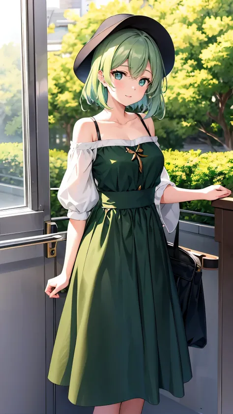 Medium-long shoulder-length green hair, small size breasts, Small breasts、Green Eyes, 、(((Ladylike))), full body from head to toe 、skirt、 and slightly longer sleeves to fit in the palm of your hand、Feminine clothing、Knitted hat、Chuckle、((Inside the carの助手...