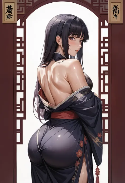 (masterpiece, best quality:1.2), 1 female,black long hair,huge oppai,big butt, solo,shiny skin,sweating skin,(black taoist robe:...