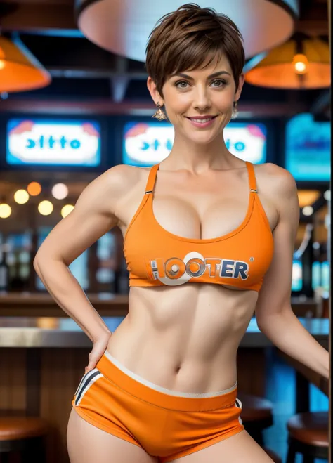 Zoe McLellan pixie-cut hair wearing a hooters uniform, white long tank top and (orange shorts:1.2) and handing a pint, solo, glasses, brown eyes, short hair, (masterpiece:1.2), high quality, restaurant, chest shot, photo shoot, 4k, detailed background, ...