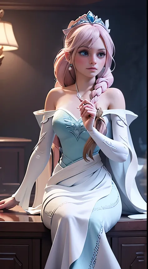 Elsa frozen Rose Quartz fusión. Highly detailed CG unity 8k wallpaper, style shot, complex, high detail, dramatic, highest quality movie still image, very detailed, masterpiece, best quality, character design, Elsa, Elsa from Frozen, (( Dark style)), reali...