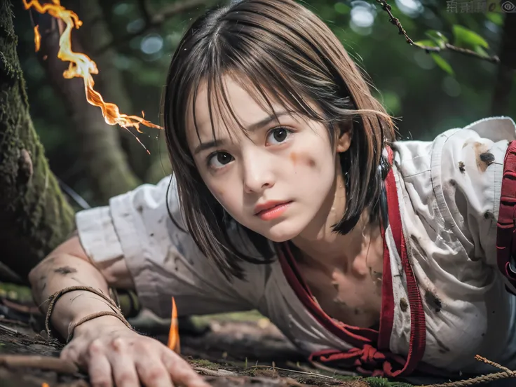 (Low angle shot of one slender small breasts round face brown short hair with bangs girl in a samurai silver armor:1.5)、(One girl is lying with her back behind on the wilderness land at the Sengoku period in Japan with crying dirty sperm splashed face:1.5)...