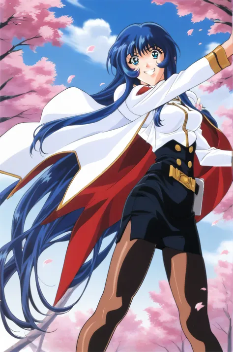 score_9,score_8_up,score_7_up,masterpiece,best quality,very aesthetic,absurdres,official art,official style,evil grin,
Misumaru Yurika,1girl,solo,retro artstyle,pantyhose,blue hair,long hair,blue eyes,1990s (style),petals,cape,skirt,uniform,flower,smile,pe...