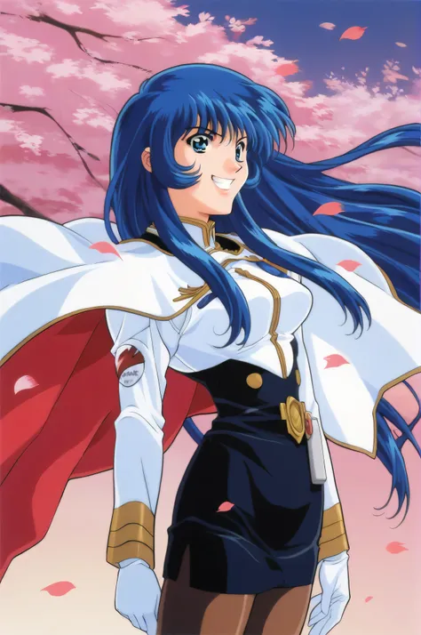 score_9,score_8_up,score_7_up,masterpiece,best quality,very aesthetic,absurdres,official art,official style,evil grin,
Misumaru Yurika,1girl,solo,retro artstyle,pantyhose,blue hair,long hair,blue eyes,1990s (style),petals,cape,skirt,uniform,,,pencil skirt,...
