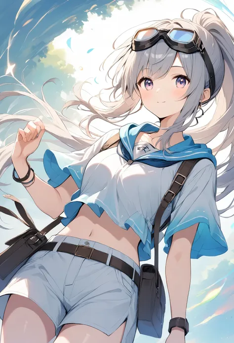  Light lines and soft colors create a dreamy effect., Gray Hair、 long ponytail、 wearing goggles 、Adventurer&#39;s Outfit、Explorer、Pointing out gloves 、 khaki and beige attire、Explorerのバックパック、Jungle Background
