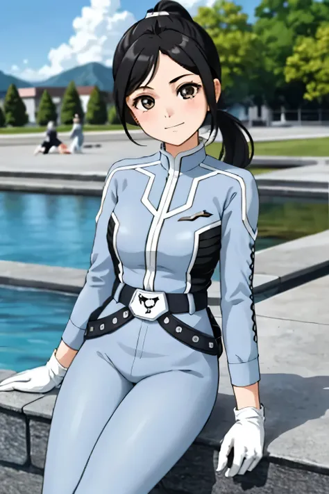 （clothing100%reduction）masterpiece,  is the best quality,  unique,1 Girl, Single ponytail,Black Hair,White gloves, watching the audience  ,Outdoor,Cowboy shooting,Sitting on a stool,sea, anime style