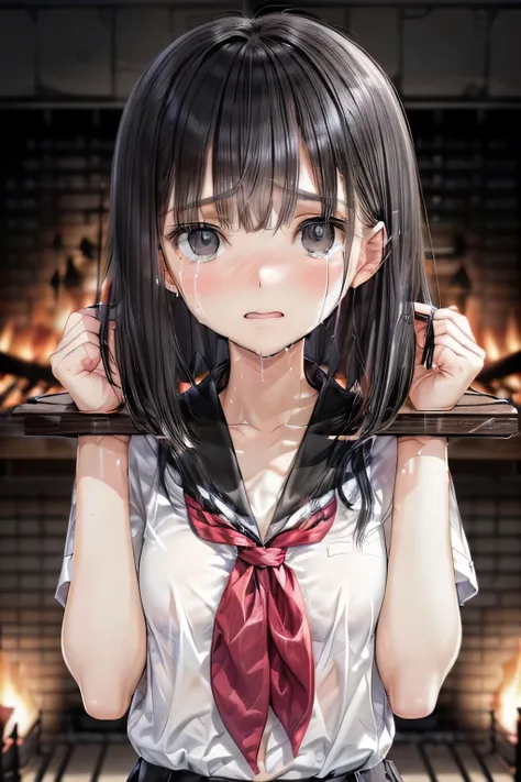 (masterpiece, Best Quality, 8K,Raw photo, High resolution:1.5), (1 girl, looking at viewer, upper body:1.8), (seiza on the floor, arms behind back, a girl is crying:1.8), (crying, sobbing, tearing, tearful, full-face blush, embarrassed, shyness:1.9), (nigh...