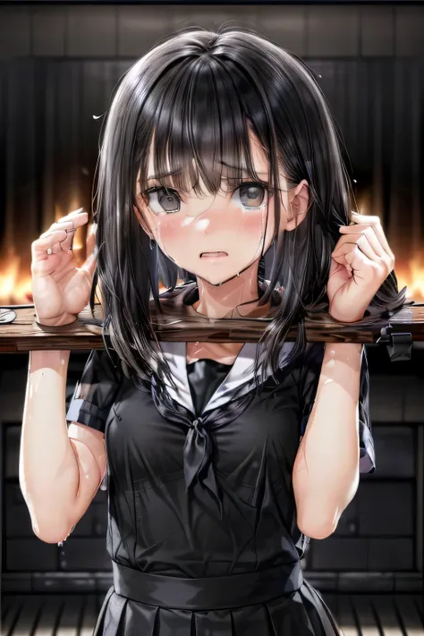 (masterpiece, Best Quality, 8K,Raw photo, High resolution:1.5), (1 girl, looking at viewer, upper body:1.8), (seiza on the floor, arms behind back, a girl is crying:1.8), (crying, sobbing, tearing, tearful, full-face blush, embarrassed, shyness:1.9), (nigh...