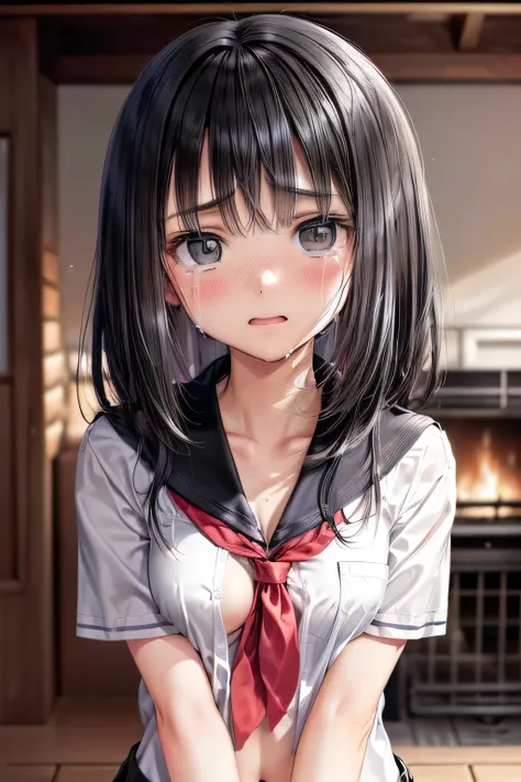 (masterpiece, Best Quality, 8K,Raw photo, High resolution:1.5), (1 girl, looking at viewer, upper body:1.8), (seiza on the floor, arms behind back, a girl is crying:1.8), (crying, sobbing, tearing, tearful, full-face blush, embarrassed, shyness:1.9), (nigh...