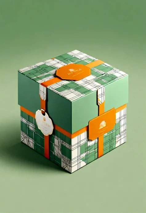 a beautifully designed gift box with handle, in the style of british plaid, geometric lines, minimalist, modern, high-end, cute, color blocking, floral patterns, a cute elephant logo, orange and light green colors, illustration, cartoon, in the style of ge...