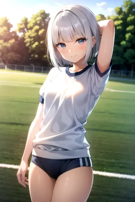 Youmu,Bloomers, black Bloomers, (White short-sleeved gym uniform), School, ground,  Sports Festival, ((Best Quality)), ((masterpiece)), ( Details),  perfect face, Perfect Arms, Perfect hands, Perfect fingers, anime, Ultra-fine illustration, ((1 person)),  ...