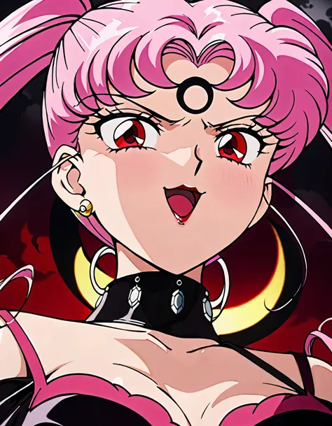 wicked lady from sailor moon, pink hair, red eyes, , black crescent moon mark on forehead, very evil smile,open_mouth,beautiful ...