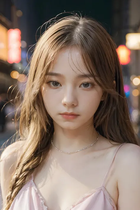 street,(Keisan:1.5), close up, masterpiece, best quality, original photo, realistic, face, pink gauze slip dress, incredibly ridiculous, beautiful girl, cute, light yellow long hair, short suspenders, depth of field, high resolution, hyperdetail, fine det...