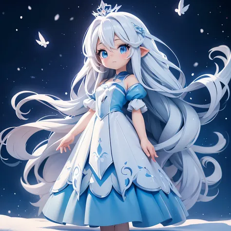 Anime girl with long white hair and blue dress in the snow, White-haired god, White hair floating in the air, Anime fantasy illustration, flowing gray hair, Beautiful young wind spirit , beautiful fantasy anime , shiny flowing hair , Ethereal Anime, Be...