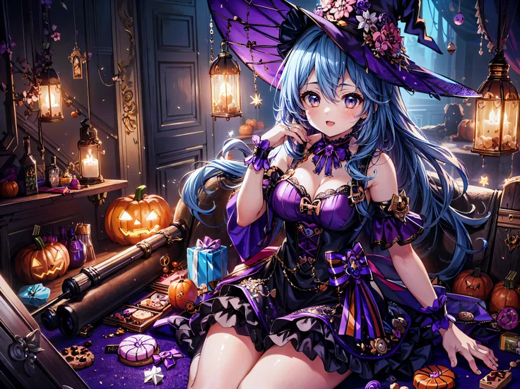 (( super high image quality )), ((super detailed)), ((best quality)), young woman,  halloween , witch, witch's hat, lanthanum, 🎃...