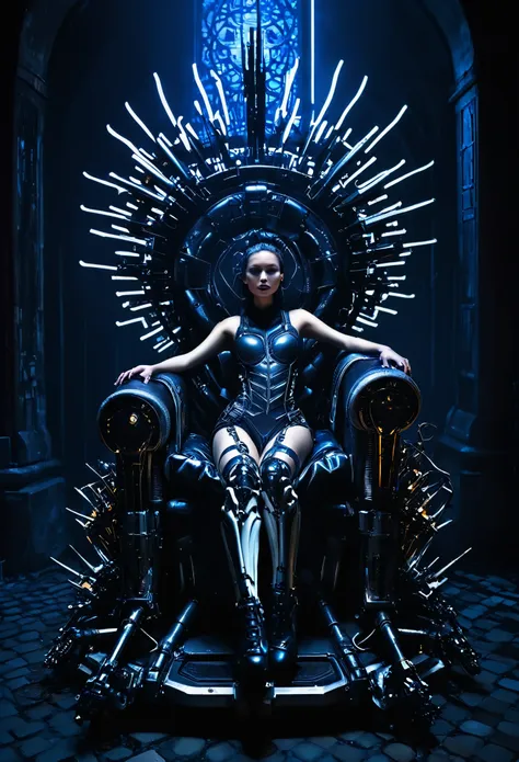 gothic cyberpunk woman lounging on a throne constructed from bones and high-tech mechanical components, enveloped by moody ambie...