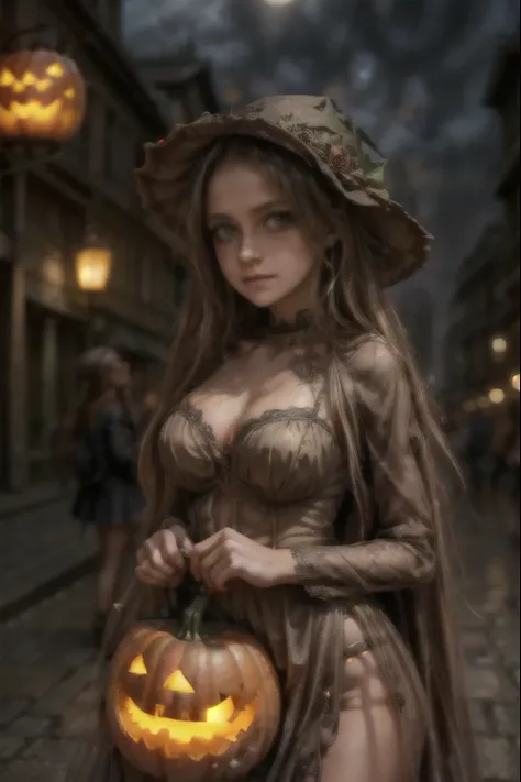 a cute pumpkin queen, highly detailed face, beautiful detailed eyes, beautiful detailed lips, extremely detailed face, long eyel...