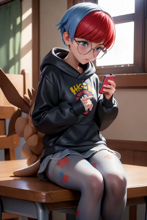 (masterpiece,newest,exceptional:1.2),1girl,pokemon trainer uniform,classroom, Penny, Black Hoodie, Grey Pantyhose, sitting on the floor looking at her cell phone, sitting on a window sill, thoughtful