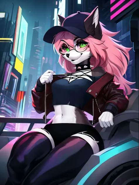 💜✨1 girl,black lips,choker,spiked choker, Night, (masterpiece) evening (Cyberpunk Night)(Best Quality) gaming ,(Alone), looking at the viewer, high detailed,extremely detailed, fine green eyes,dynamic pose,mischievous smile ,short pink hair,cap, loose V-ne...