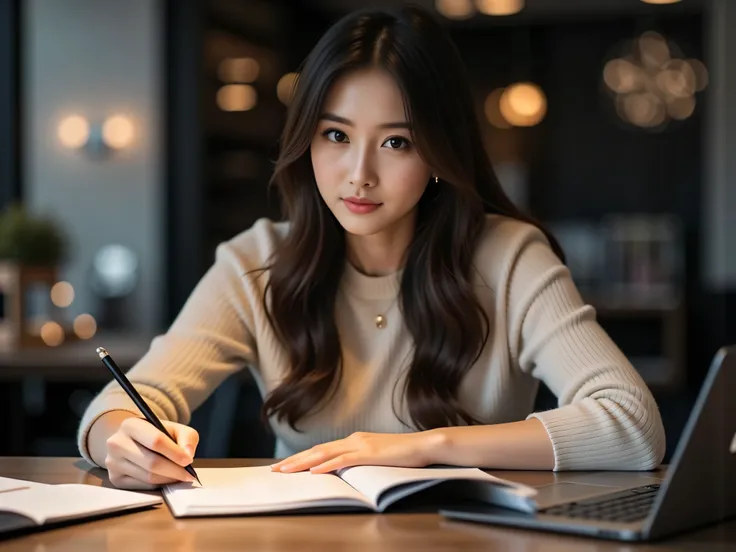 High image quality (8k image quality), high definition, outstanding work, appropriate subject depth, appropriate focus, Leica camera quality, RAW image quality, realistic、A woman studying at her desk、Detailed pupils, detailed lips