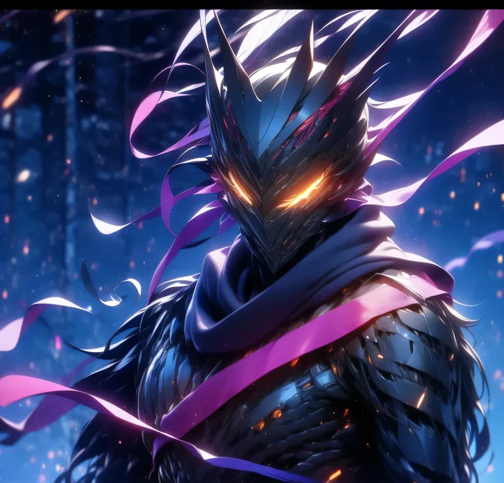 dark purple void walker warrior, no helmet, holding a purple neon kitana, rage unleashed beautiful eyes and long flying hair.