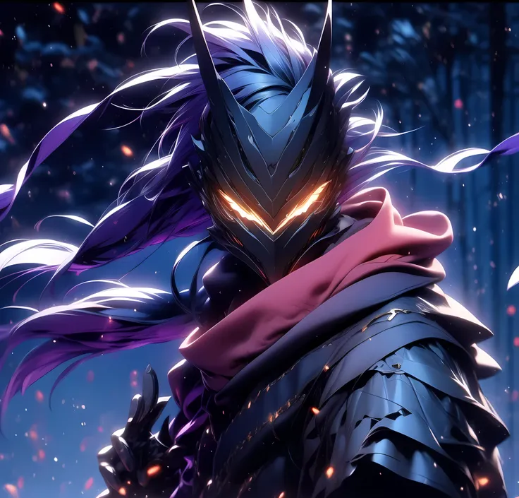 dark purple void walker warrior, no helmet, holding a purple neon kitana, rage unleashed beautiful eyes and long flying hair.