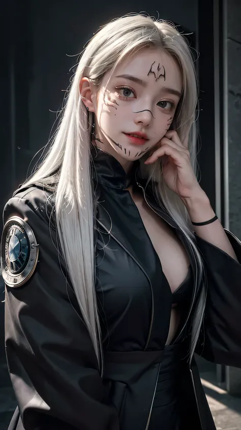 (masterpiece, best quality:1.2), upper body, solo, 1girl, sukuna tattoo, evil grin, looking at viewer, hand on own face, long hair, white hair, blue eyes, extra eyes, v-shaped eyebrows, black jacket, long sleeves, dark lighting, caustics , big breast, heal...