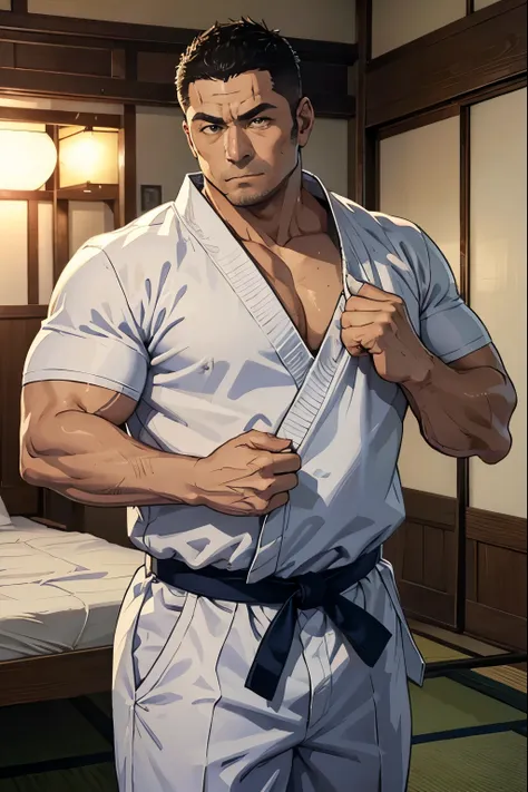 43-year-old middle-aged man in judo uniform 、muscular、 the background is a suspicious old, dark japanese-style room in japan、com...