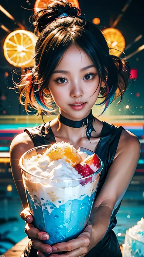 masterpiece、top-quality、top-quality、Colorful cute kitten design with illustration、Eat shaved ice、ighly detailed、colourfull、highestdetailed、Wide range of shots、gorgeous colors、grains of sugar、kirakira、Colorful colors of bright ice、Image-like backgrounds、Fun...