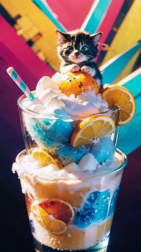 masterpiece、top-quality、top-quality、Colorful cute kitten design with illustration、Eat shaved ice、ighly detailed、colourfull、highestdetailed、Wide range of shots、gorgeous colors、grains of sugar、kirakira、Colorful colors of bright ice、Image-like backgrounds、Fun...