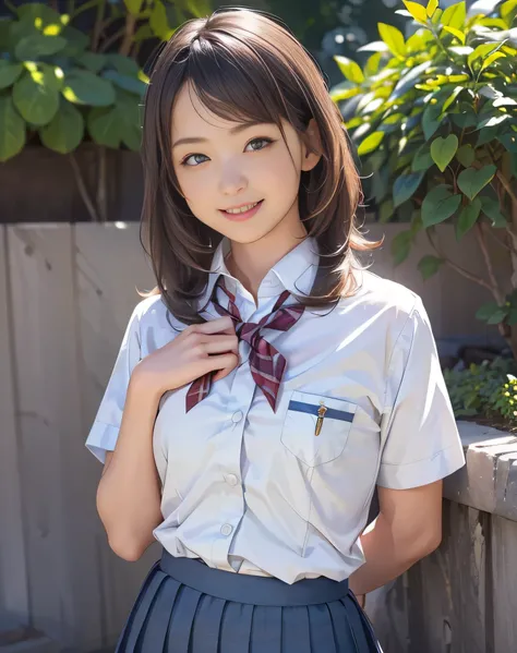 (Realistic:2.0),(High resolution:1.5),(Mastepiece),(1 girl:1.5),(solo:1.5),(looking at the viewer),Small face,(small Breasts),(school uniform),bob hair,bangs,(pleats skirt:1.3),(white shirt),(Short sleeve),(Detailed eyes),(Accurate eyes),(Wide eyes),(good ...