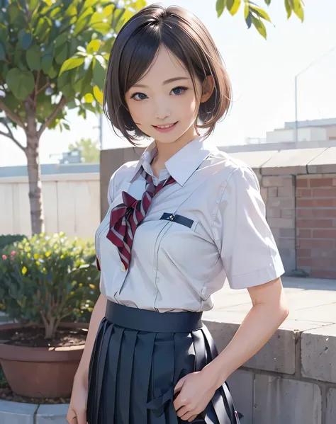 (Realistic:2.0),(High resolution:1.5),(Mastepiece),(1 girl:1.5),(solo:1.5),(looking at the viewer),Small face,(small Breasts),(school uniform),bob hair,bangs,(pleats skirt:1.5),(white shirt),(Short sleeve),(Detailed eyes),(Accurate eyes),(Wide eyes),(good ...