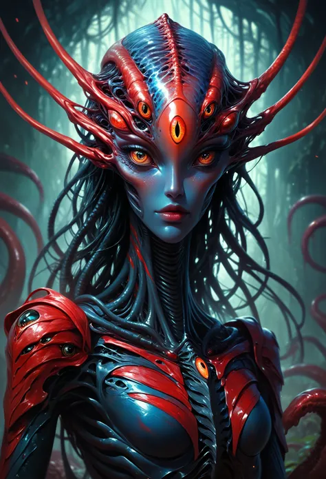 score_9, score_8_up, score_7_up, score_6_up, score_5_up, score_4_up,(best quality,4K,8k,highres,masterpiece:1.2), ultra-detailed, hi res,(super realistic:1.37), digital media artwork, (1 Unbelievably beautiful female alien with 4 long arms:1.4), armor, ful...