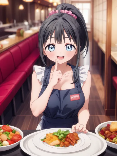 masterpiece, best quality, girl, ULTRA DETAIL , smaller,Large Breasts,  look up at viewers ,restaurant,AKEBI KOMICHI 、 Long Hair, Black Hair, Blue eyes,  ponytail, Ahoge, Yellow apron,smile,Serving food on tray,, opens her mouth、Accurate Fingers、 (Perfect ...