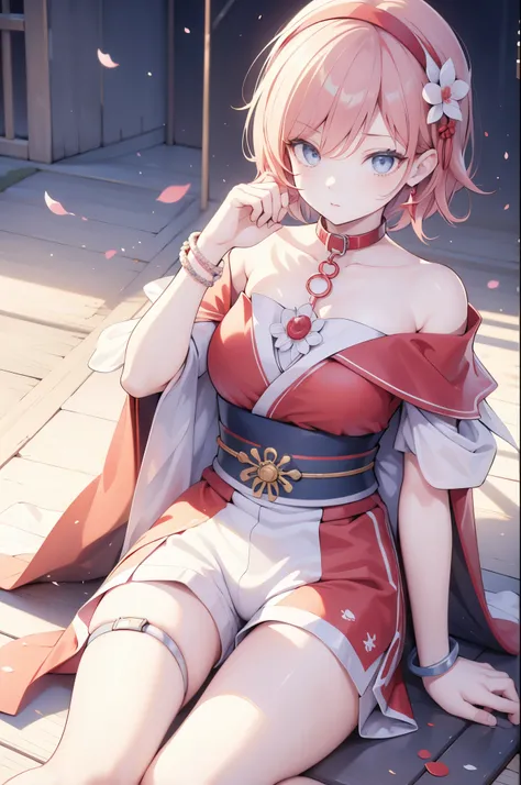 thick outlines, comics, photorealistic, perfect hands, masterpiece:1.2, colorful, 1girl, solo, small breast, aairida, short hair, red hairband, neck ring, collar, strapless shirt, red shirt, bracelet, sash, waist cape, white shorts, bare legs, japanese feu...
