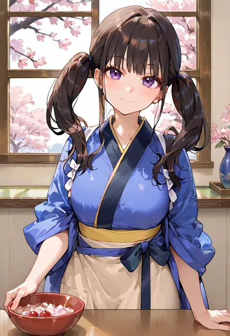 score_9, score_8_up, score_7_up, source_anime,Inoue_Takina,1girl, twintails, solo, purple eyes, japanese clothes, blue kimono, smile, kimono, looking at viewer, long hair, apron, indoors, closed mouth, black hair, breasts, blush, medium breasts, cherry blo...