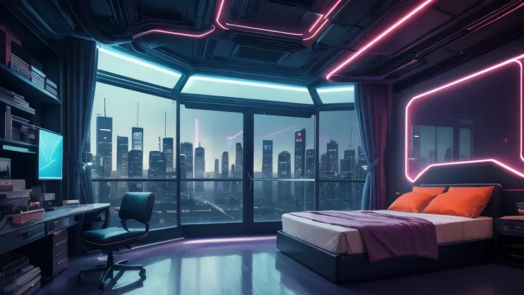 a bedroom, neon lights, dim light, futuristic, orange light, cable, electricity, ornate, detail, windows with skyscrapers, science fiction, blue purple neon,,(masterpiece, best quality),