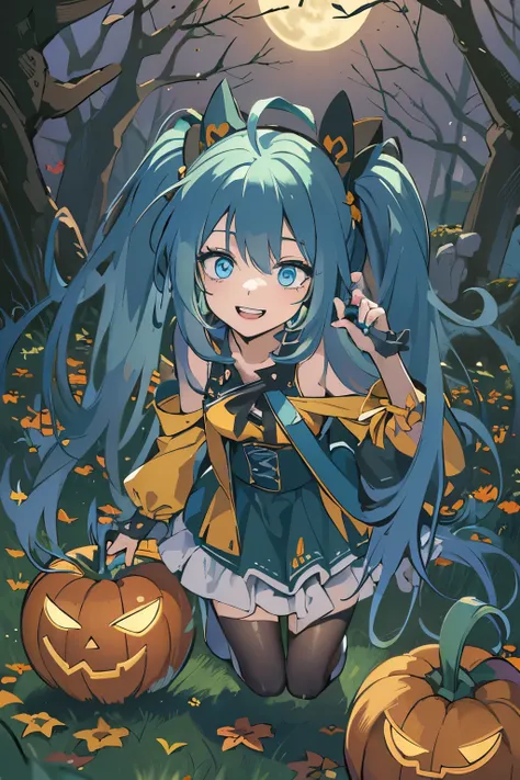 ((best quality)), ((masterpiece)), (detailed), Hatsune Miku in Halloween Dress. Blue hair, blue eyes. Broom in one hand, smiling. Night. Brown skirt, crop top, looking in the camera, (high quality eyes), a few trees on the background, pumpkin on the ground...