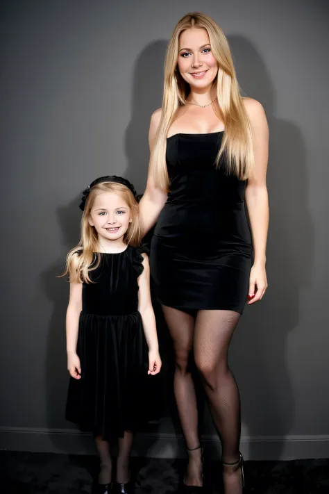 a five-year-old young blond long-haired blue-eyed  with a simple black dress and long black fishnet pantyhose stands next to the...