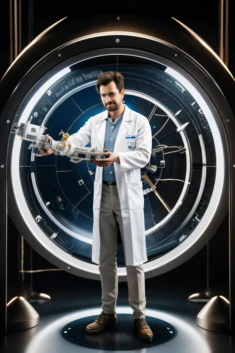 a scientist working on a time machine, detailed portrait of a scientist in a lab, wearing a white lab coat, holding futuristic t...