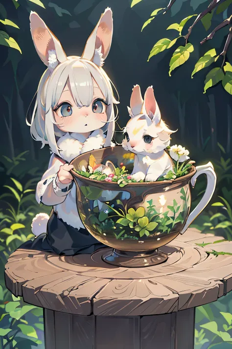 In the forest, Baby Rabbit,  rabbit in a cup,  flower pattern cup , Rabbit with white hair , (best quality,4K,8k,highres,masterpiece:1.2),ultra-detailed,(realistic,photorealistic,photo-realistic:1.37),intricate details,natural lighting,warm tones,cinematic...