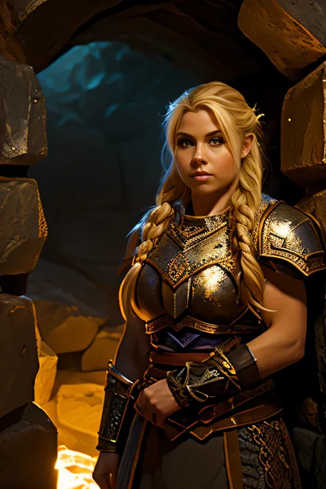 blonde female dwarven adventurer, in a undeground cavern, dramatic lighting, breastplate,  long braided hair, strong muscled arm...