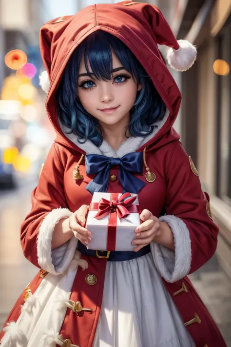 1girl, Yoshino)), medium hair, hair over eyes, dark blue hair, mole under eye, bright eyes, colored eyelashes, blue eyes, light smile, medium breasts, red Santa Claus coat, hooded coat, black bow , white dress, holding a gift, looking at the viewer, cinematic lighting, drop shadow, glare, hyperrealism, high detail, masterpiece, best quality, high resolution, 4K, 8k, anatomically correct, high details, accurate, textured skin , high quality, award-winning