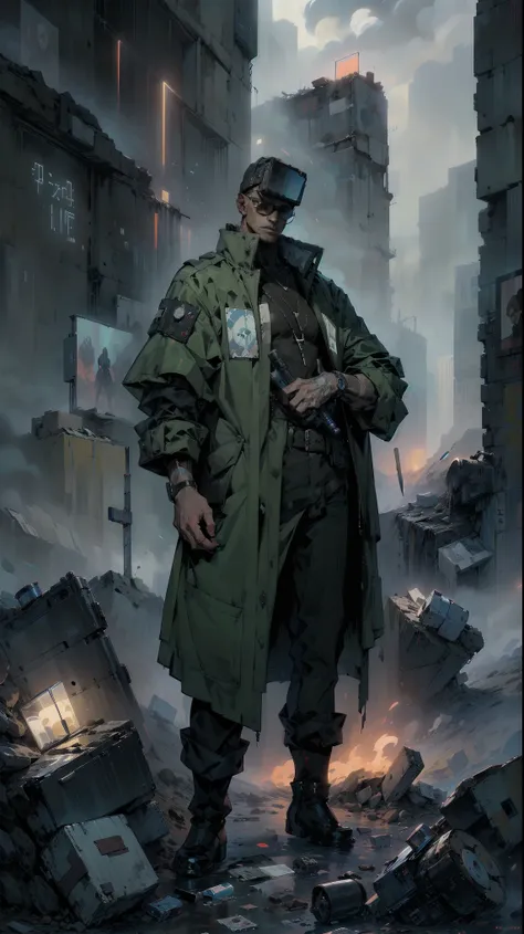  Anatomically correct ,  full body general plan, There, Lethal cyborg bounty hunter wearing a long cowboy trench coat, Blue eyes, danger,  science fiction , The best quality,  masterpiece , full body image , ( Ultra detailed, ultra high resolution ,Detaile...