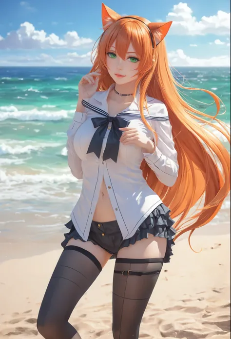 anime girl with long orange hair standing on beach near ocean, green eyes detailed digital anime art, cat ears, , anime girl with long hair, smooth anime cg art, anime girl with long hair, average breast size, digital anime art, artwork in the style of guw...