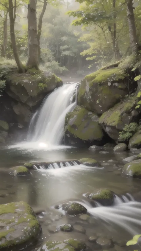 a waterfall, beautiful detailed waterfall, lush green forest, sunlight streaming through trees, mist rising from the water, long...