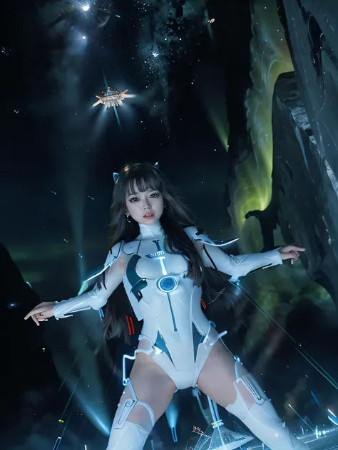 ( RAW Photos, Best Quality), (Realistic, photorealistic), 1 girl、 earrings with cups、 Photographing Her Full Body ,Battle Suit、tron,Super Ancient Woman 、 Ancient Rituals 、 Pyramid UFO Flying to Earth from Space、Laser light、Aurora、Energy Line、meteorite